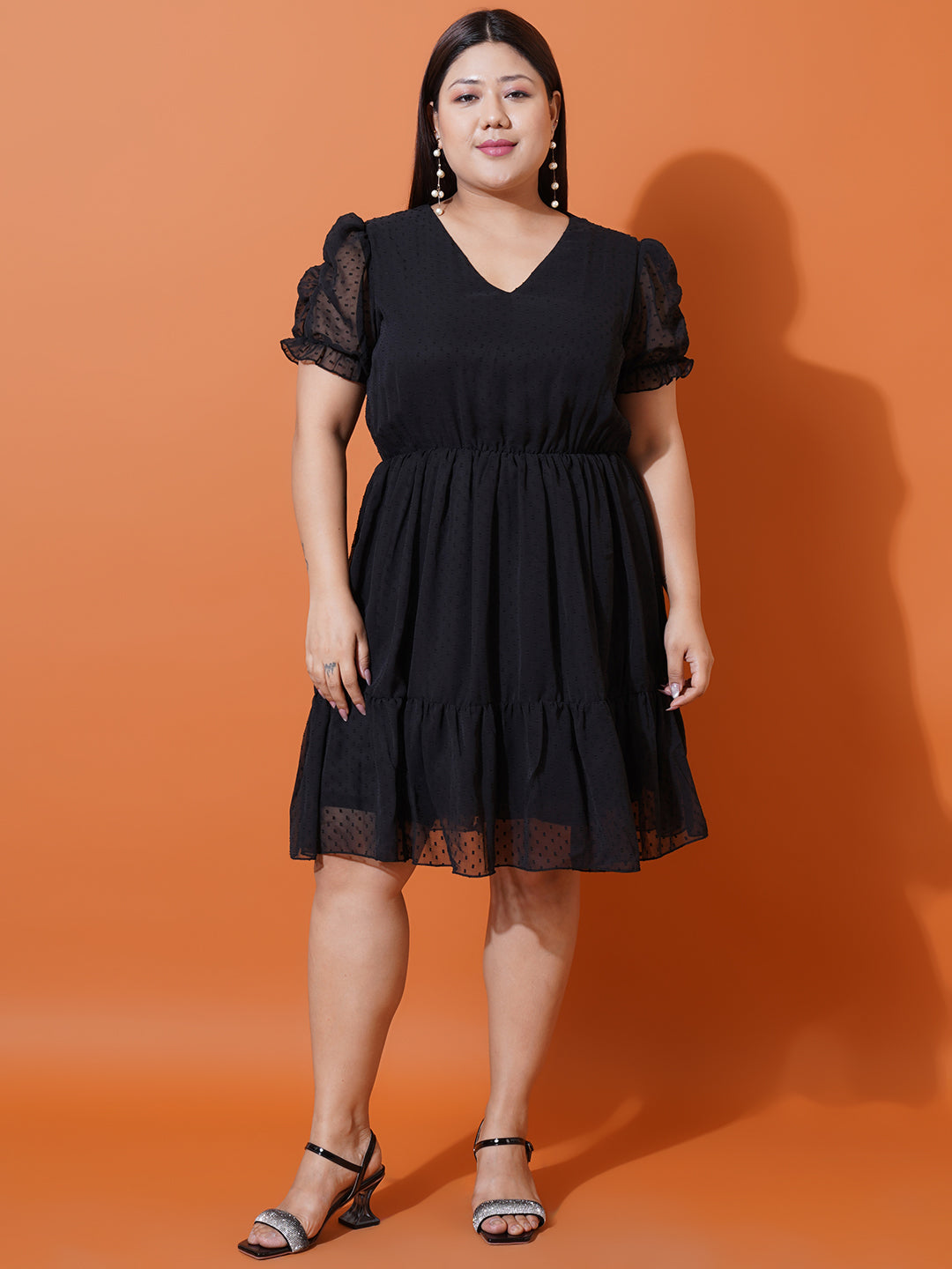 Women Plus Size Black Georgette Fit & Flare Dress