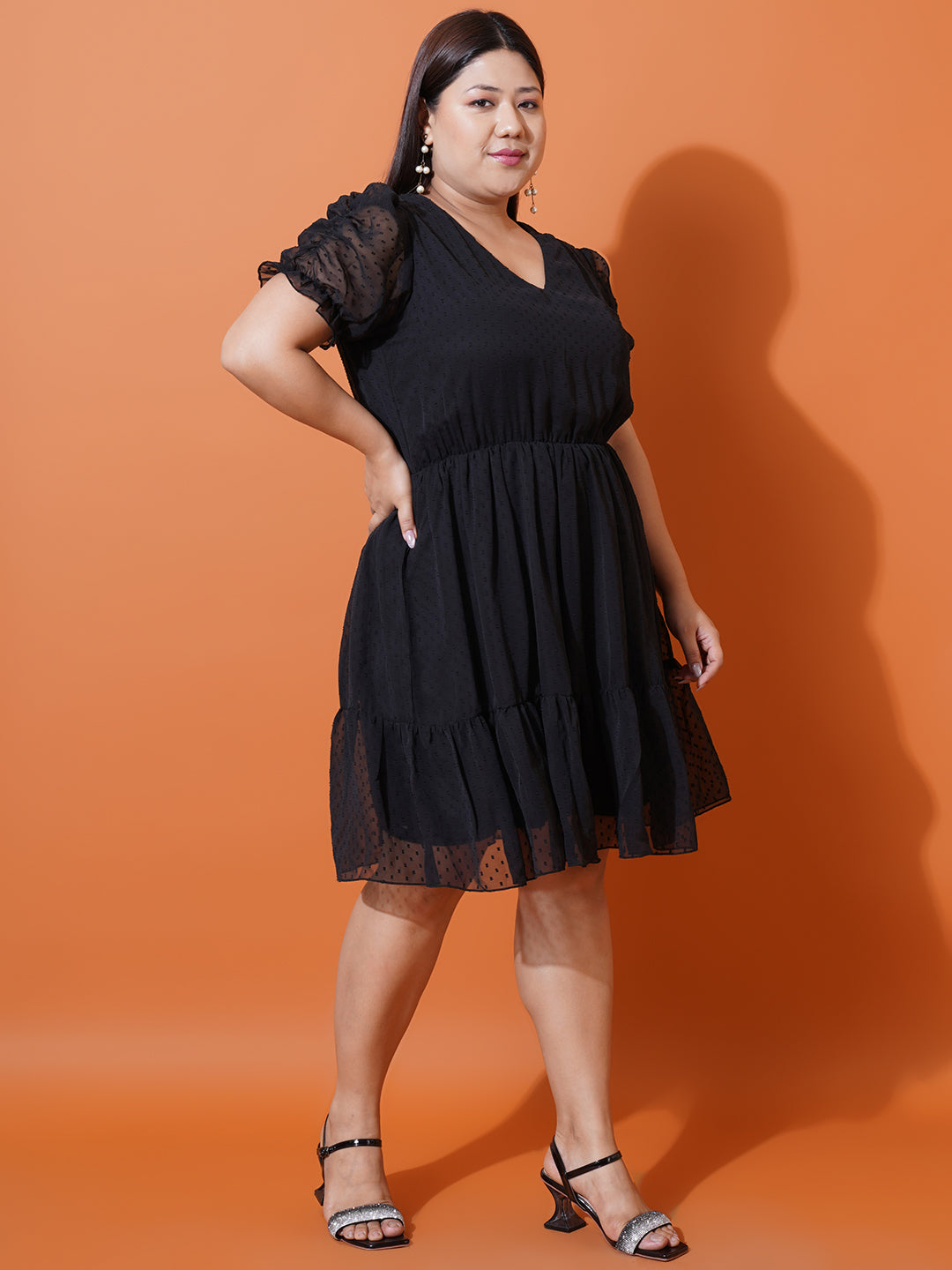 Women Plus Size Black Georgette Fit & Flare Dress