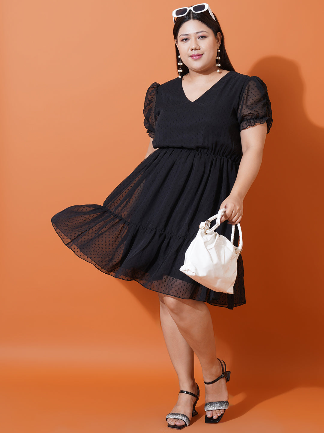 Women Plus Size Black Georgette Fit & Flare Dress