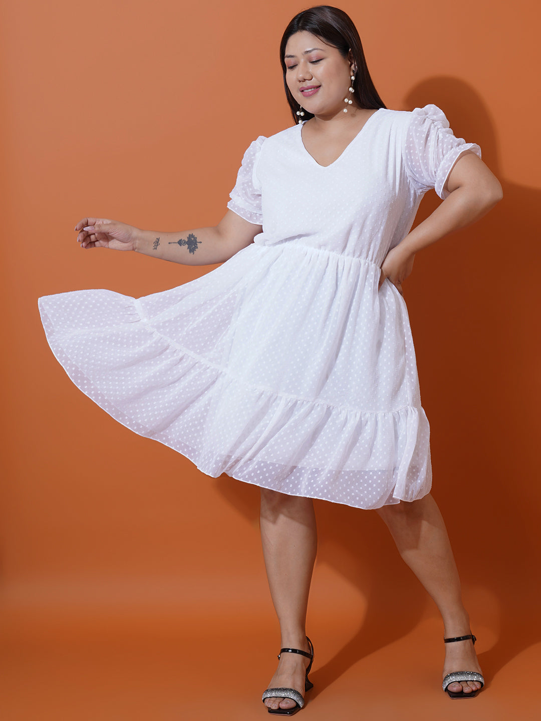 Women Plus Size White Georgette Fit & Flare Dress