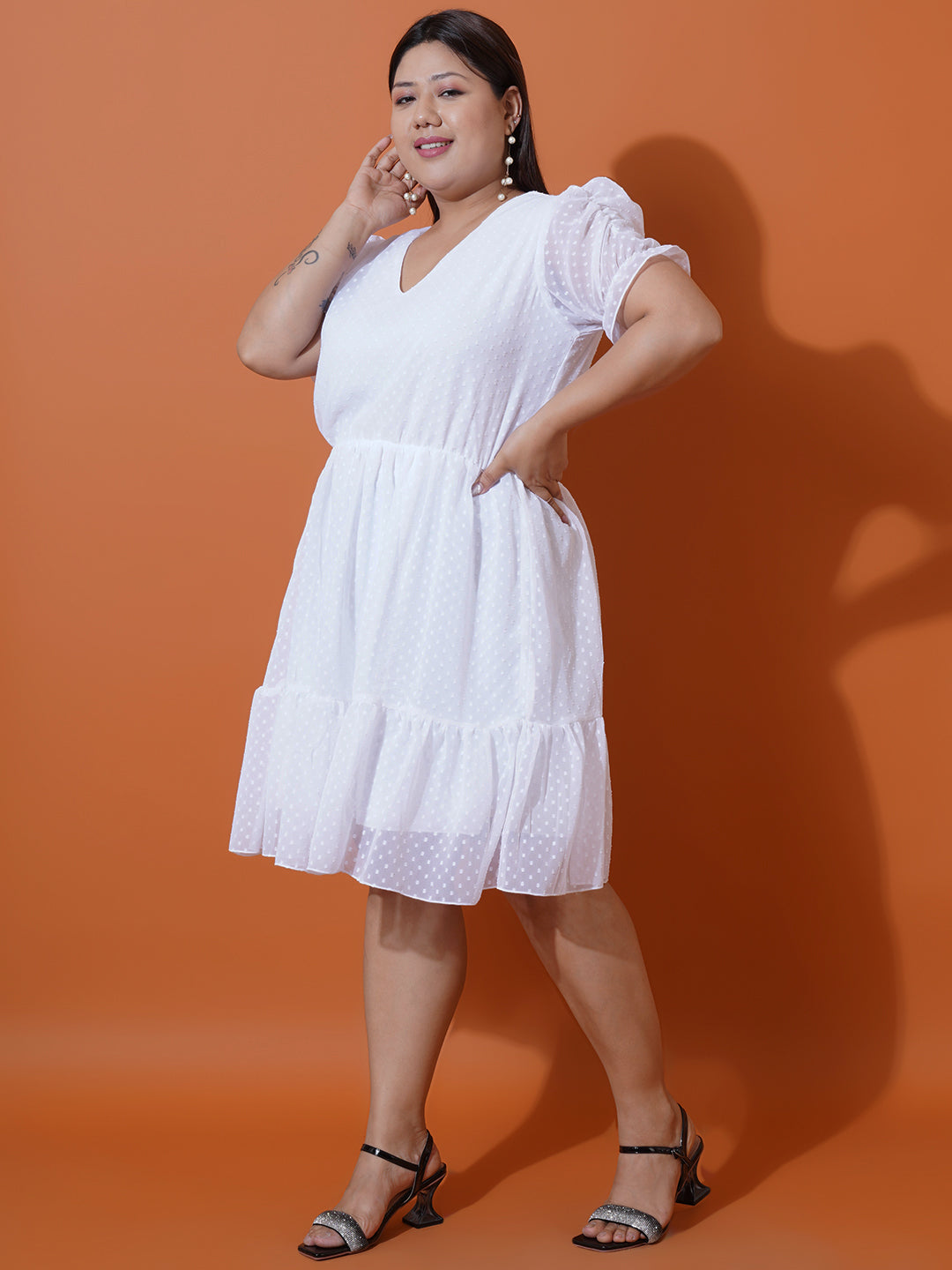 Women Plus Size White Georgette Fit & Flare Dress