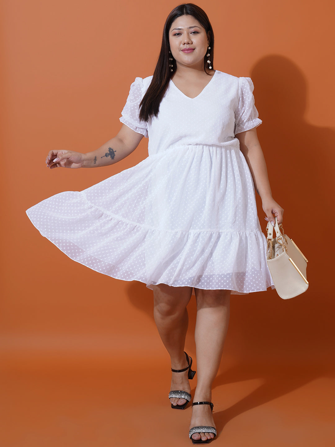 Women Plus Size White Georgette Fit & Flare Dress