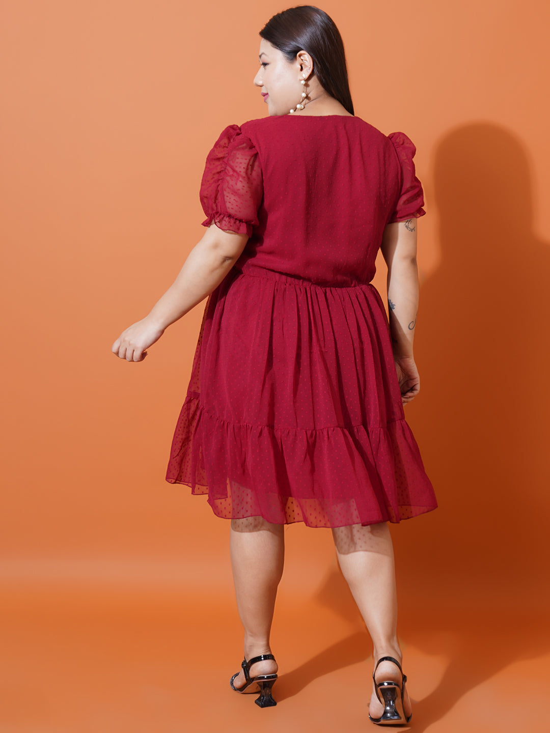 Women Plus Size Maroon Georgette Fit & Flare Dress