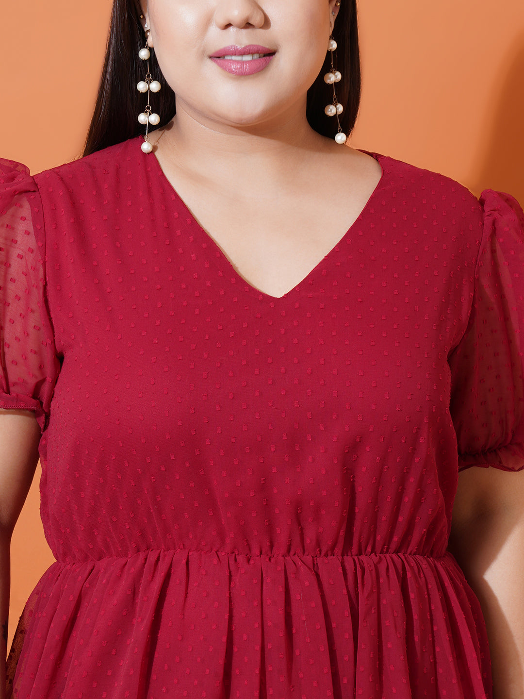 Women Plus Size Maroon Georgette Fit & Flare Dress