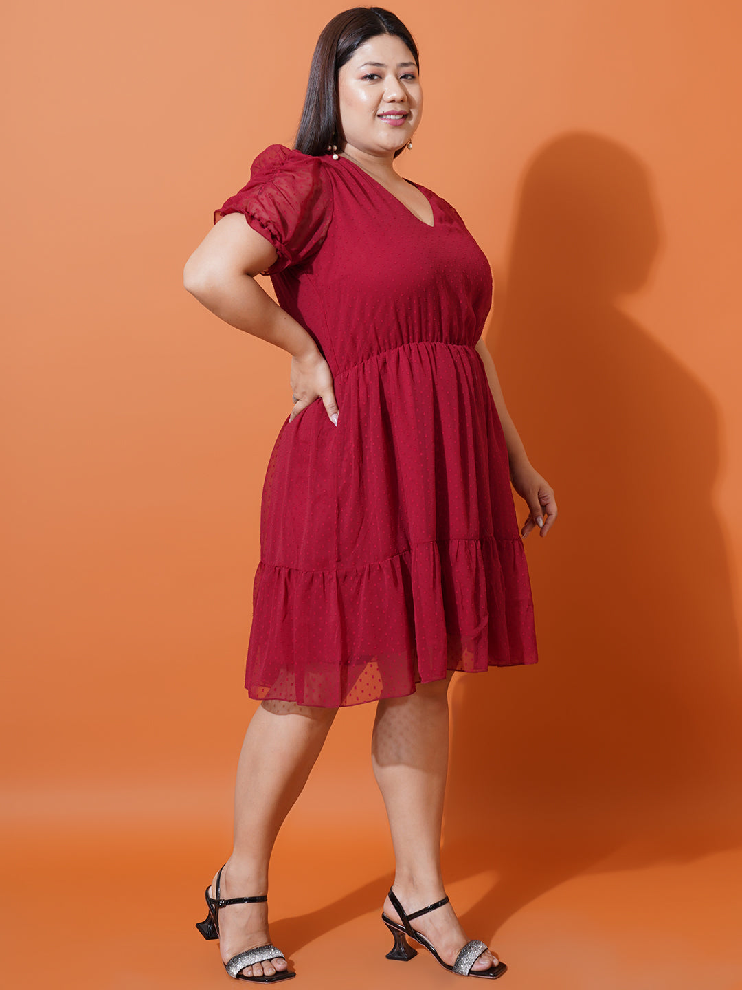 Women Plus Size Maroon Georgette Fit & Flare Dress