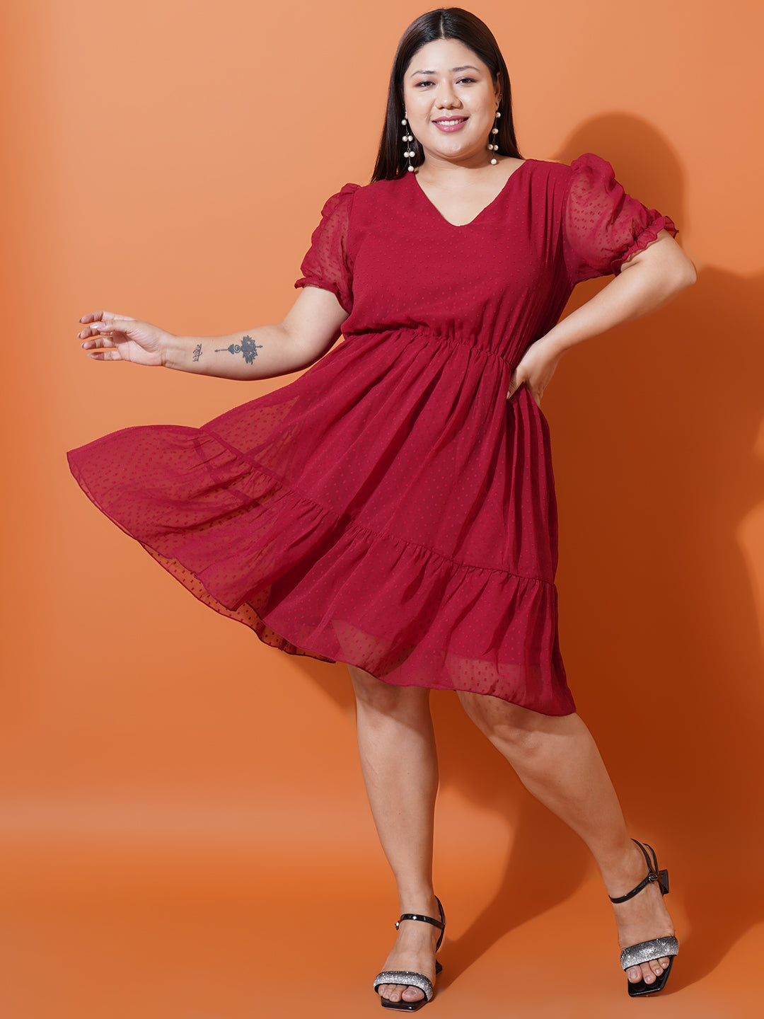 Women Plus Size Maroon Georgette Fit & Flare Dress