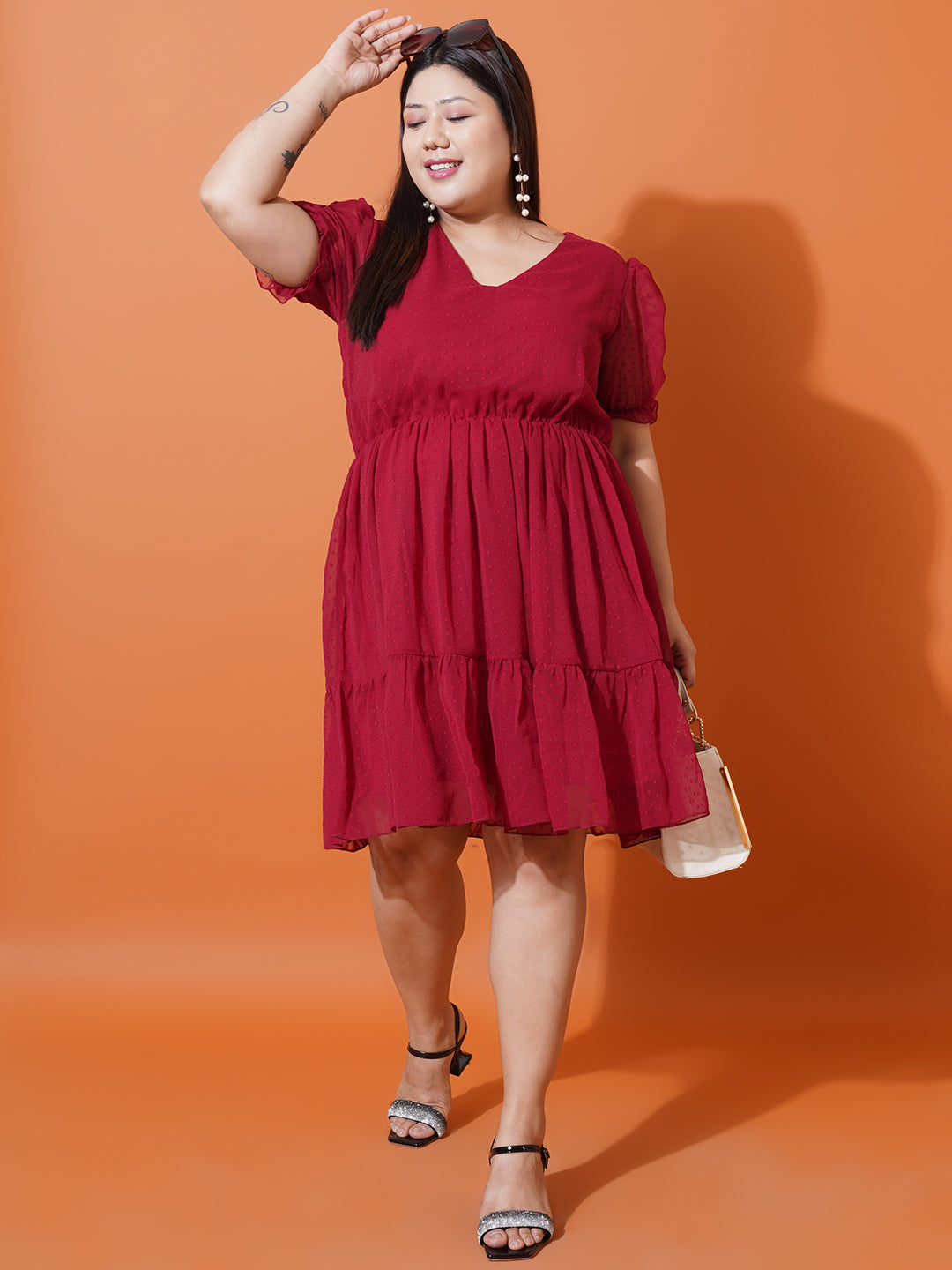Women Plus Size Maroon Georgette Fit & Flare Dress