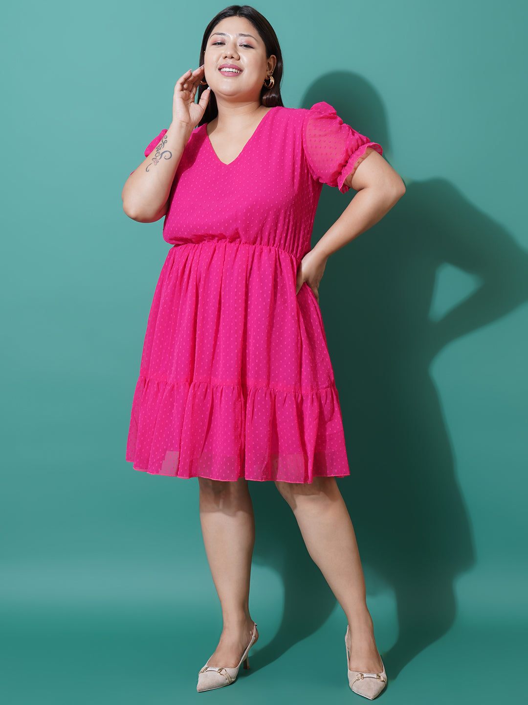 Women Plus Size Magenta Georgette Fit & Flare Dress