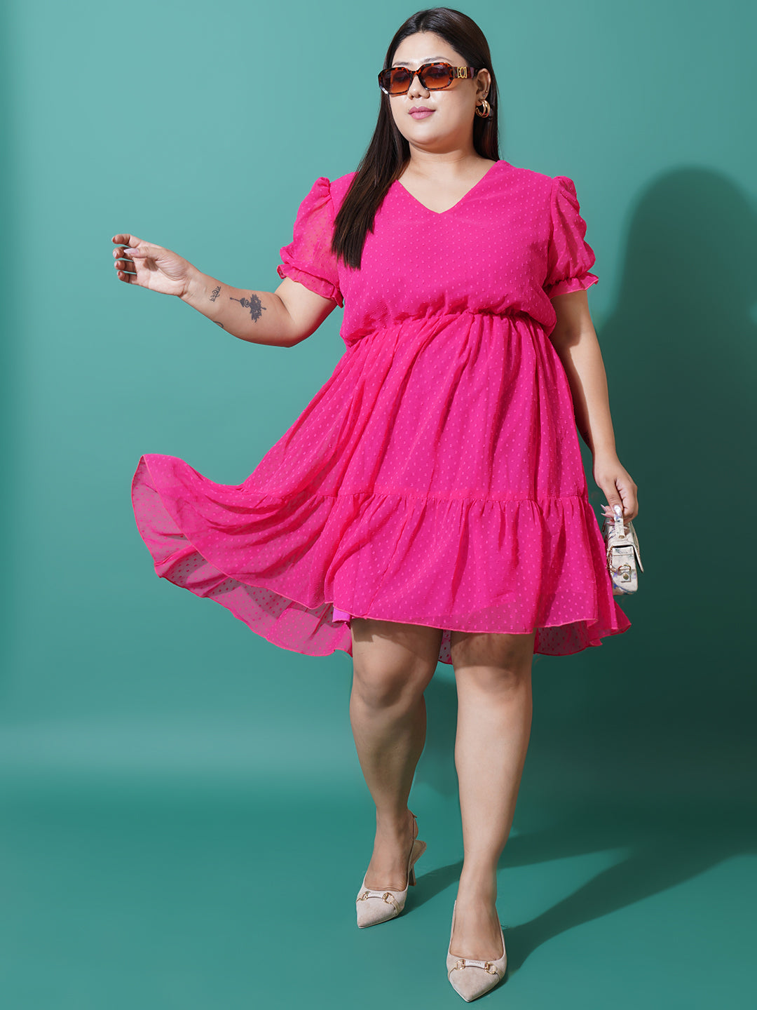 Women Plus Size Magenta Georgette Fit & Flare Dress