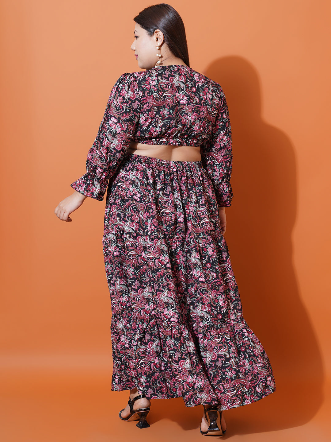 Women Plus Size Abstract Printed Bell Sleeves Cut-Outs Fit and Flare Maxi Dress