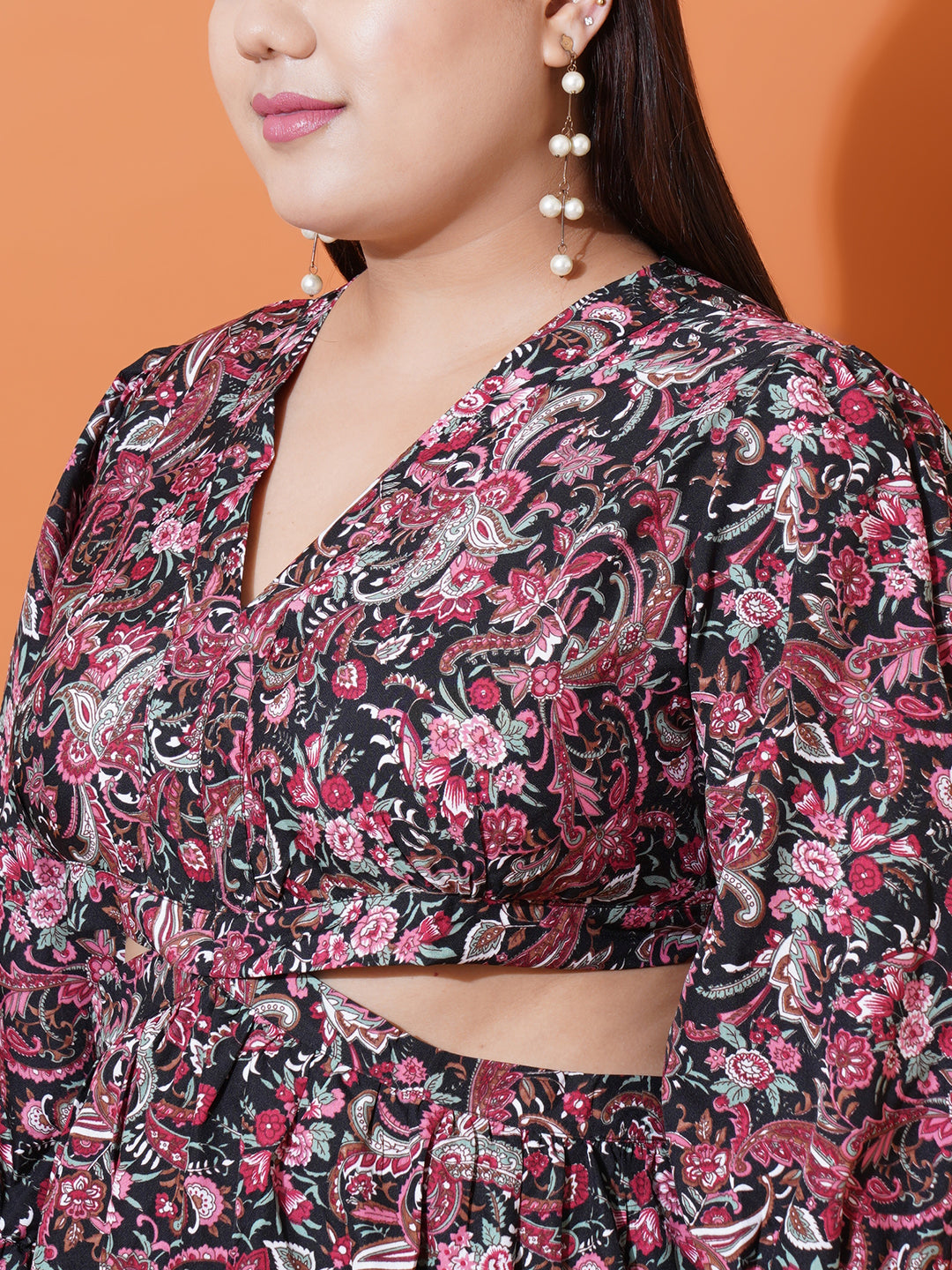 Women Plus Size Abstract Printed Bell Sleeves Cut-Outs Fit and Flare Maxi Dress