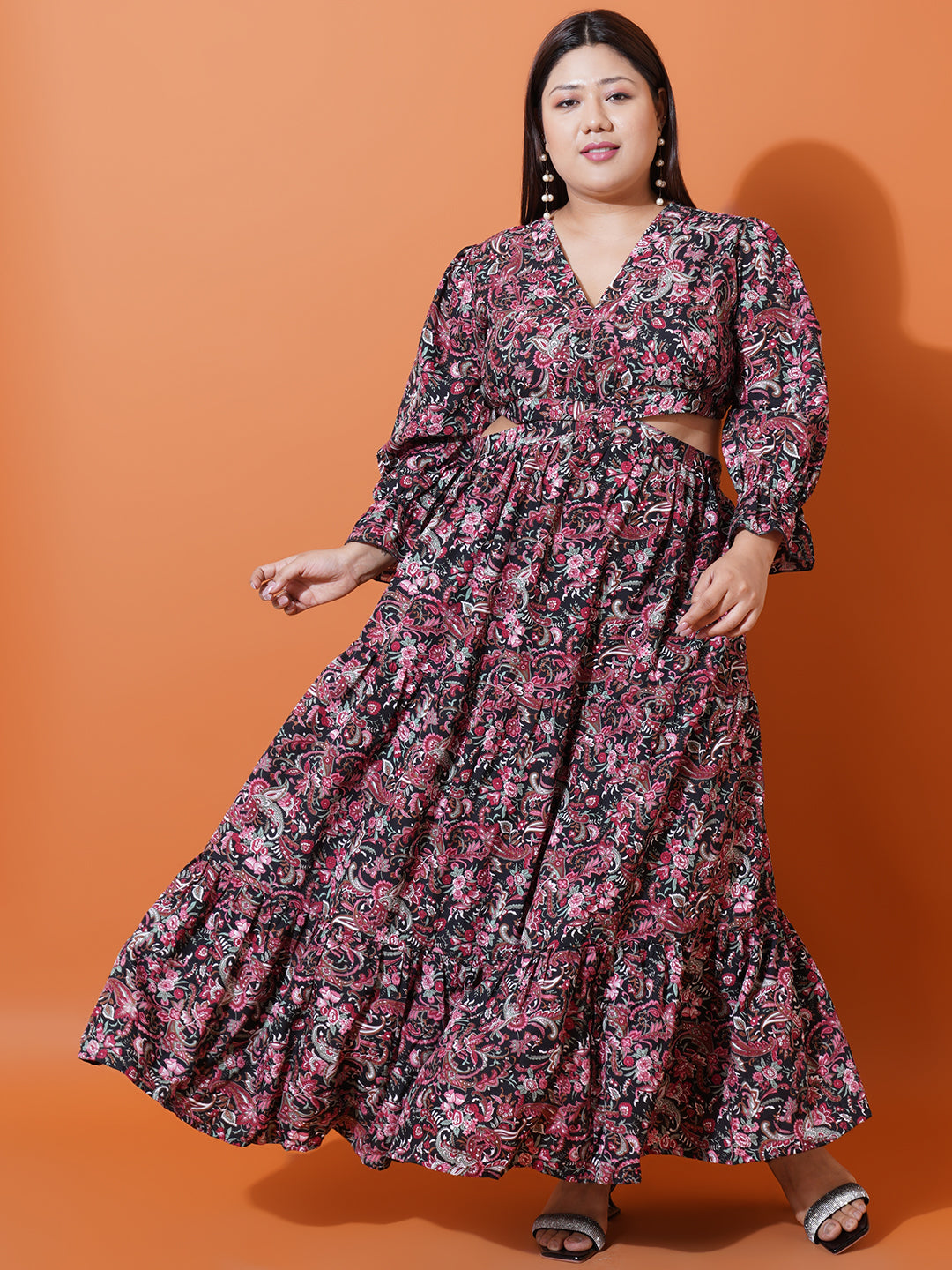 Women Plus Size Abstract Printed Bell Sleeves Cut-Outs Fit and Flare Maxi Dress