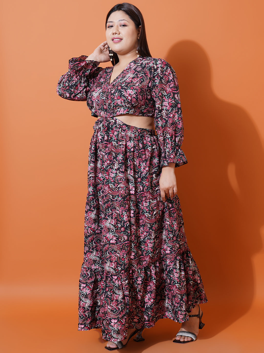Women Plus Size Abstract Printed Bell Sleeves Cut-Outs Fit and Flare Maxi Dress