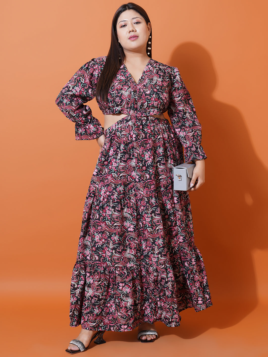 Women Plus Size Abstract Printed Bell Sleeves Cut-Outs Fit and Flare Maxi Dress