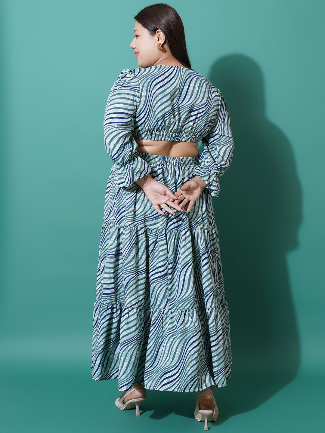 Women Plus Size Abstract Printed Bell Sleeves Cut-Outs Fit and Flare Maxi Dress