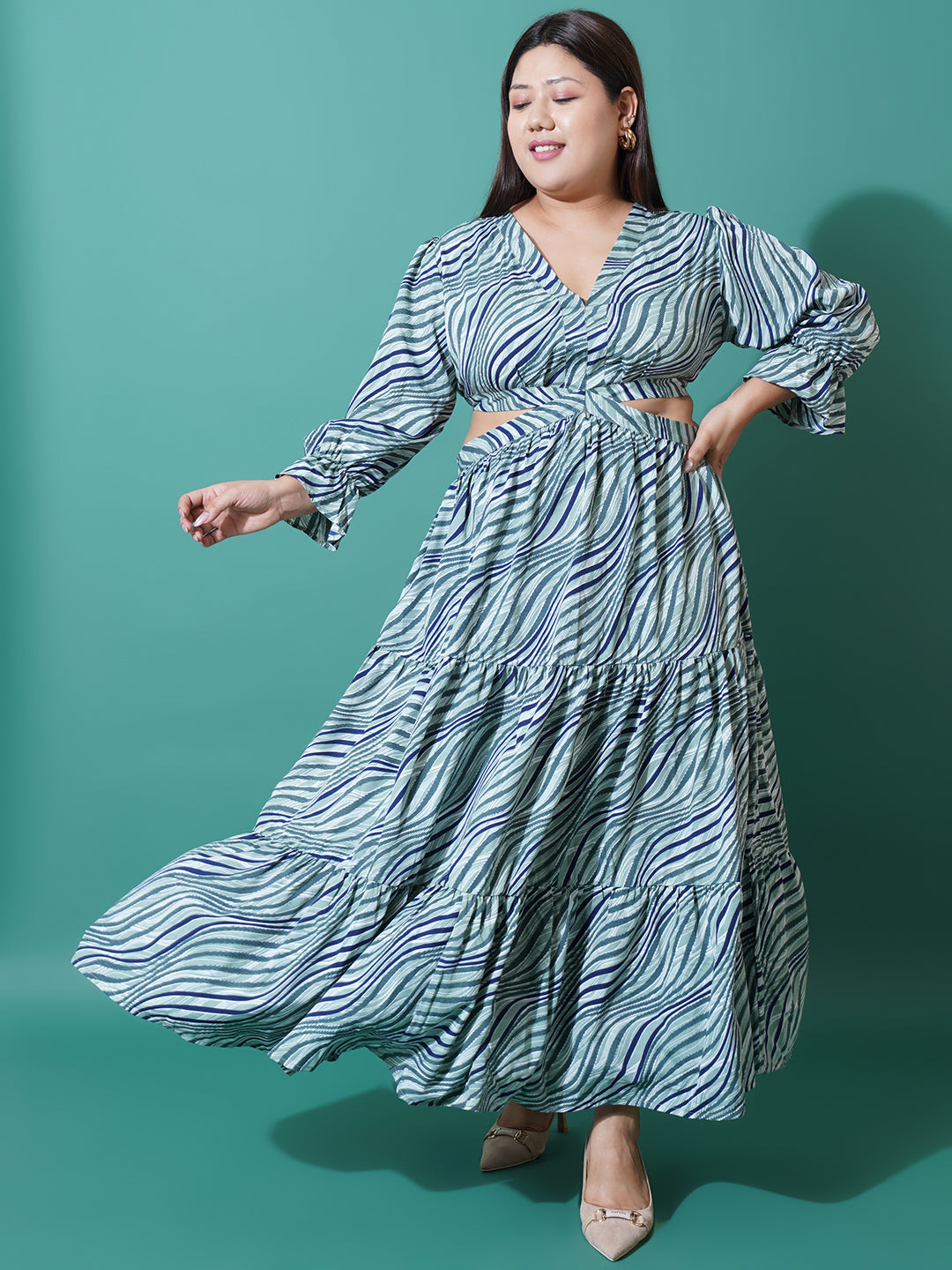 Women Plus Size Abstract Printed Bell Sleeves Cut-Outs Fit and Flare Maxi Dress