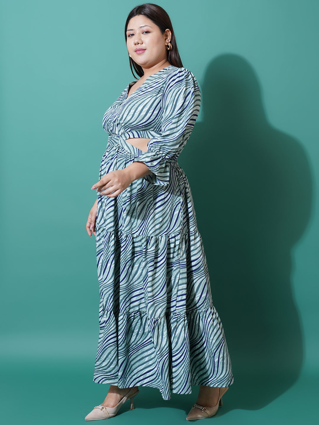Women Plus Size Abstract Printed Bell Sleeves Cut-Outs Fit and Flare Maxi Dress