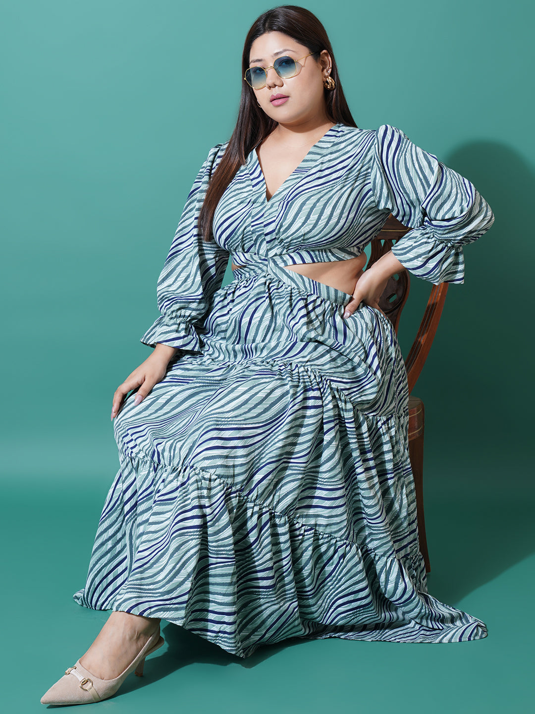 Women Plus Size Abstract Printed Bell Sleeves Cut-Outs Fit and Flare Maxi Dress