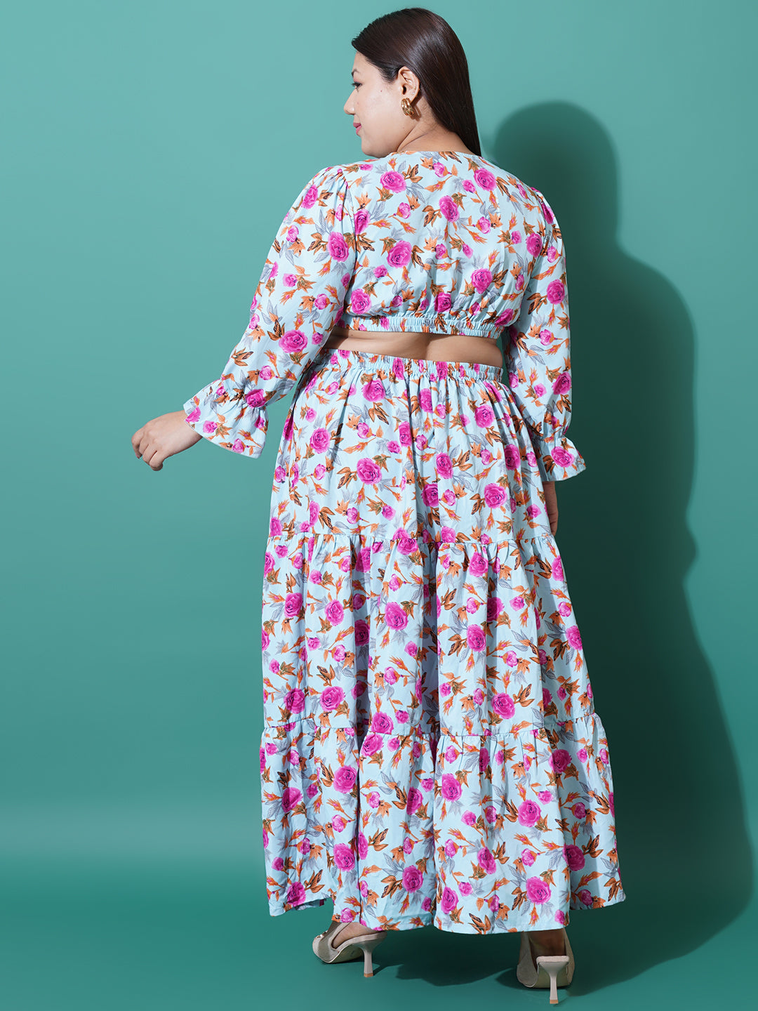 Women Plus Size Abstract Printed Bell Sleeves Cut-Outs Fit and Flare Maxi Dress