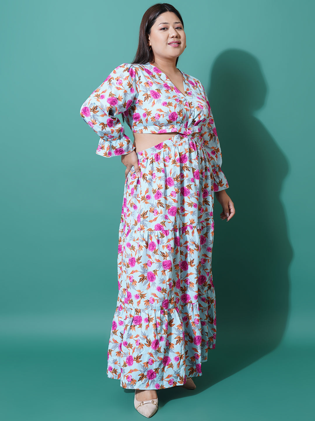 Women Plus Size Abstract Printed Bell Sleeves Cut-Outs Fit and Flare Maxi Dress