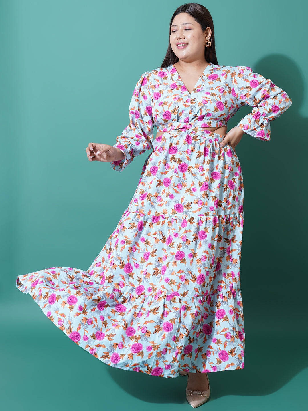 Women Plus Size Abstract Printed Bell Sleeves Cut-Outs Fit and Flare Maxi Dress