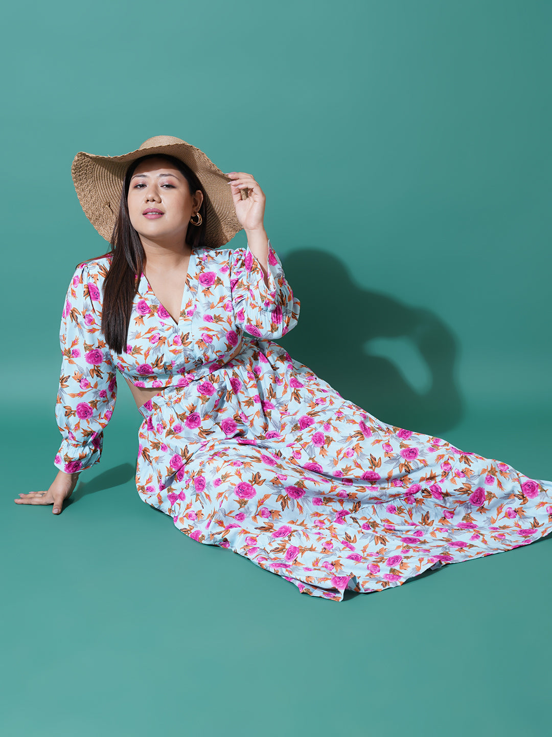 Women Plus Size Abstract Printed Bell Sleeves Cut-Outs Fit and Flare Maxi Dress