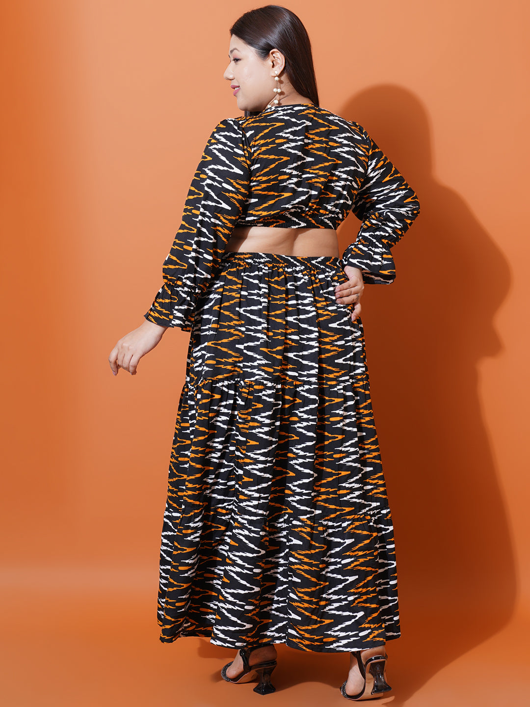 Women Plus Size Abstract Printed Bell Sleeves Cut-Outs Fit and Flare Maxi Dress