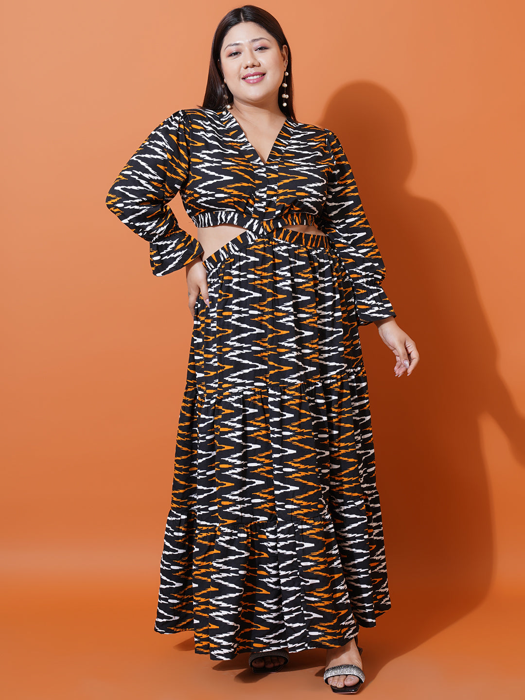 Women Plus Size Abstract Printed Bell Sleeves Cut-Outs Fit and Flare Maxi Dress