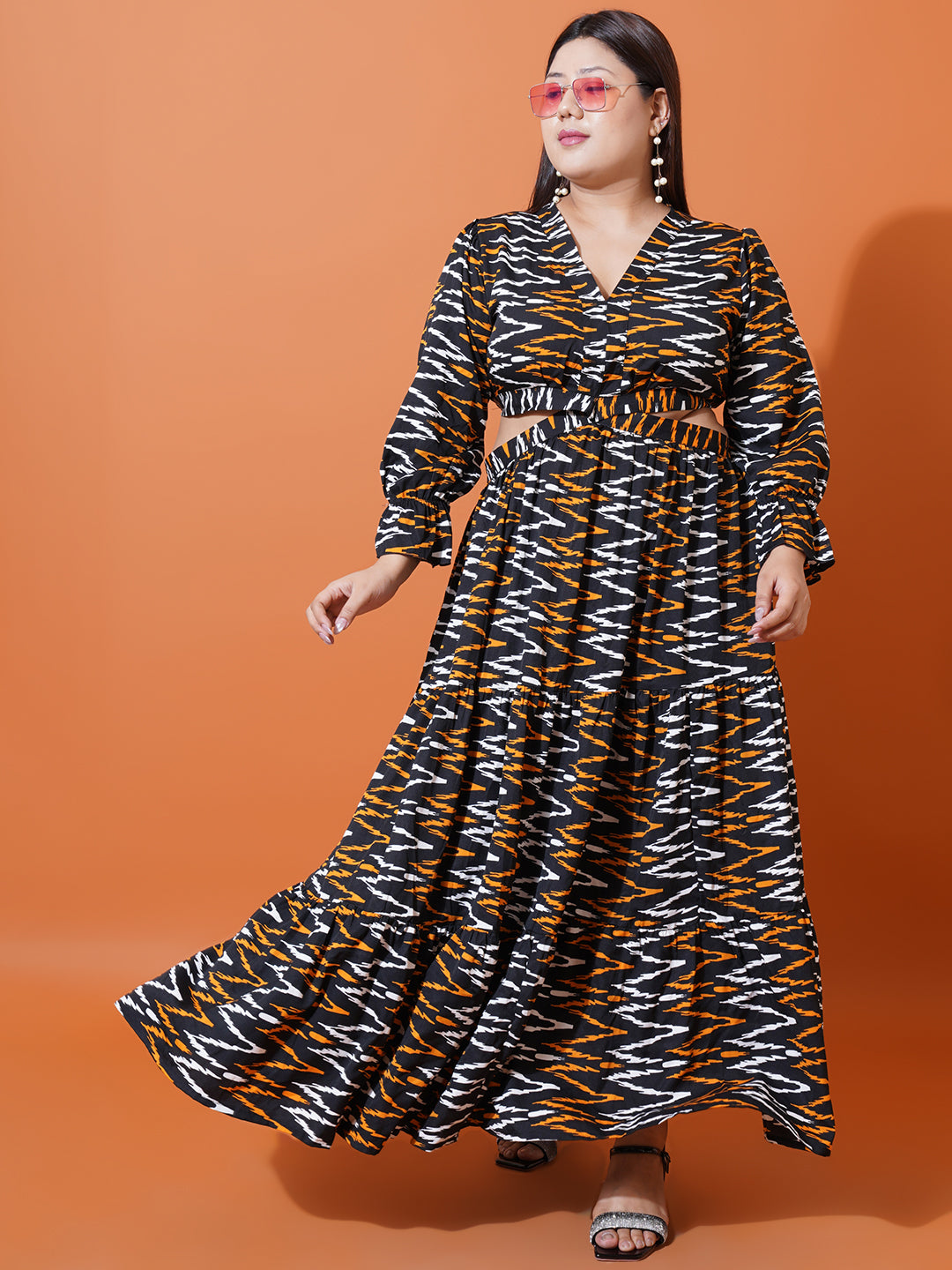 Women Plus Size Abstract Printed Bell Sleeves Cut-Outs Fit and Flare Maxi Dress