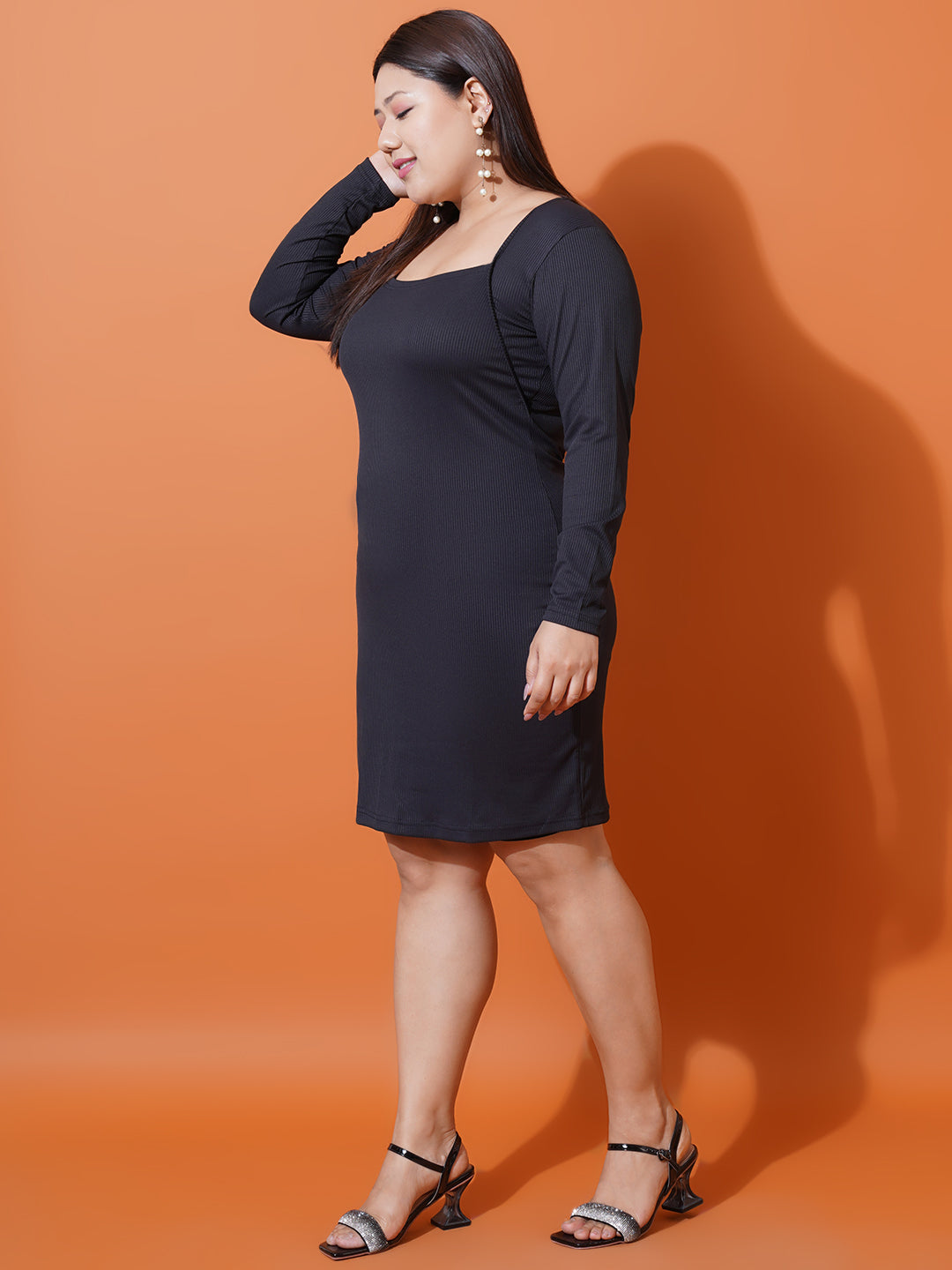 Women Plus Size Black Square Neck Scuba Bodycon Dress