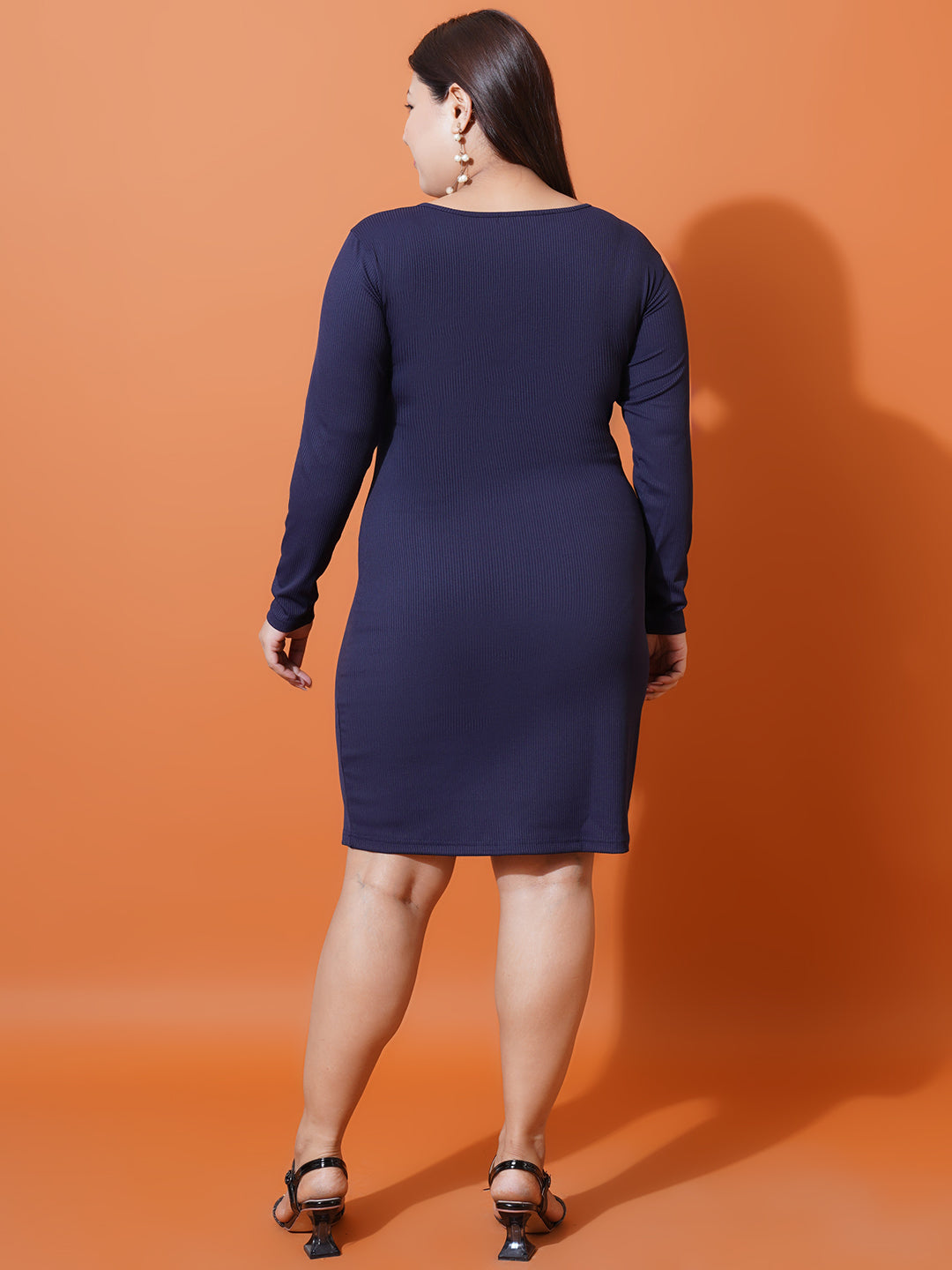 Women Plus Size Navy Blue Square Neck Scuba Bodycon Dress