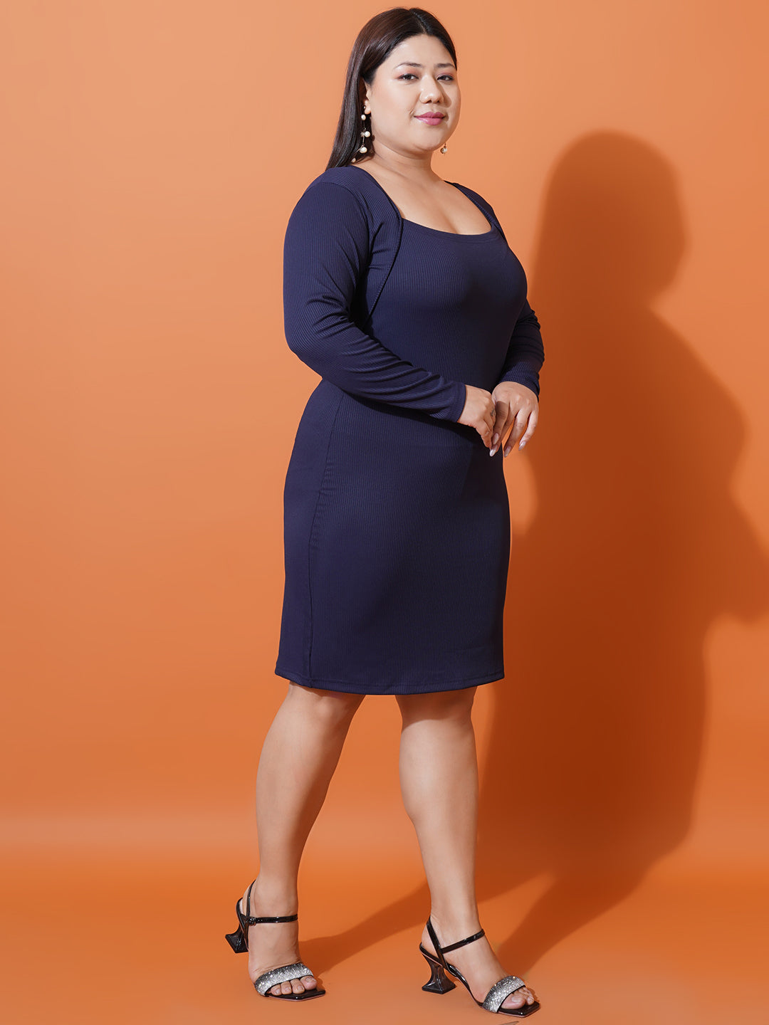 Women Plus Size Navy Blue Square Neck Scuba Bodycon Dress
