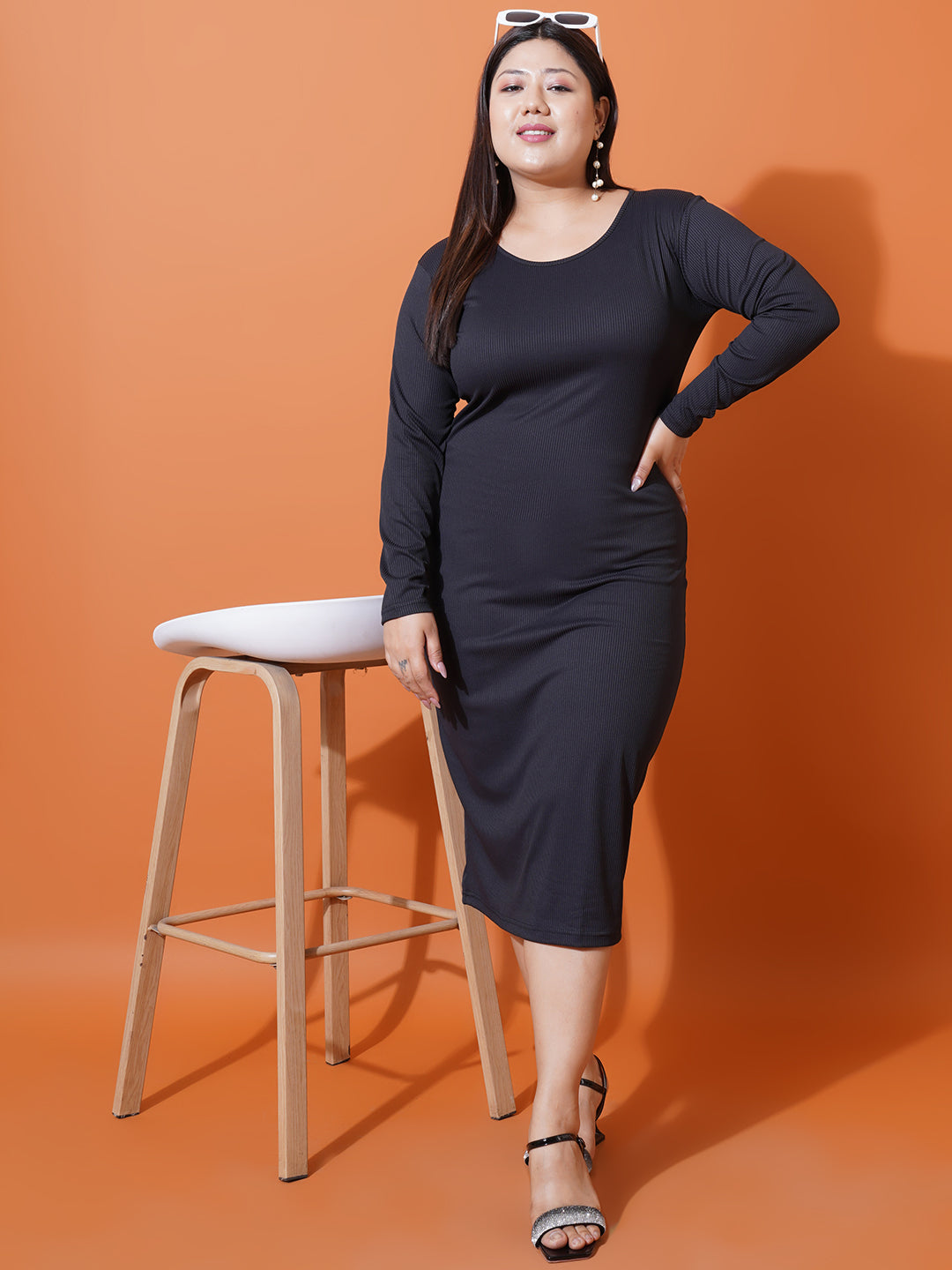 Women Plus Size Black Round Neck Scuba Bodycon Midi Dress