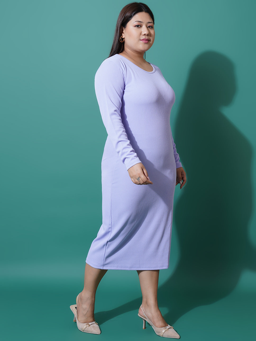 Women Plus Size Lavender Round Neck Scuba Bodycon Midi Dress