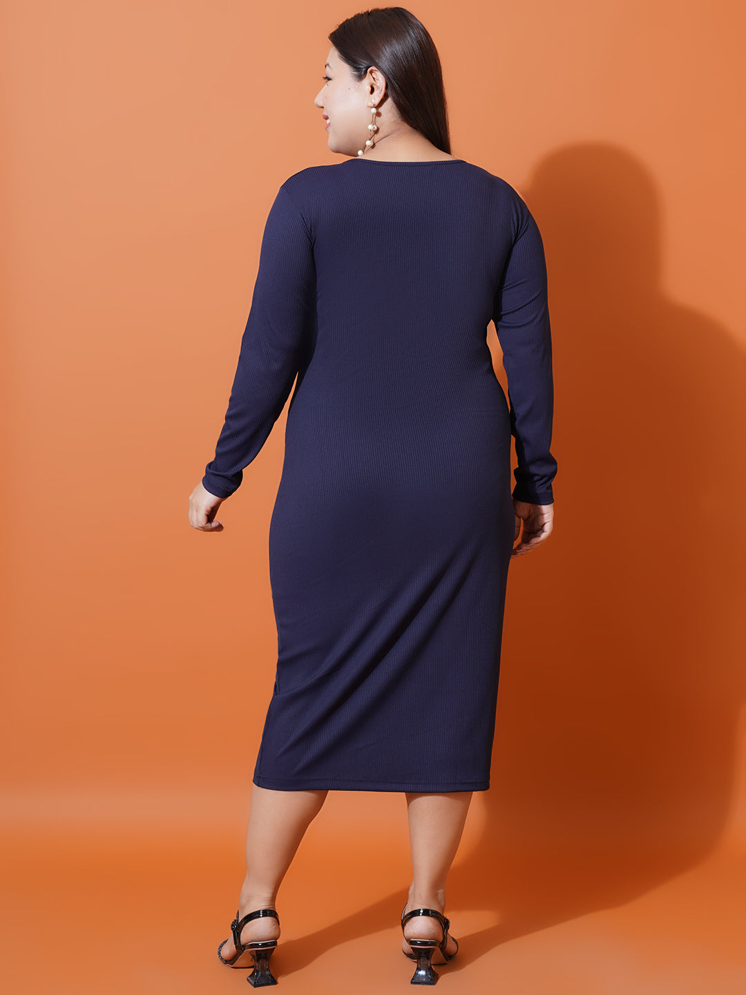 Women Plus Size Navy Blue Round Neck Scuba Bodycon Midi Dress