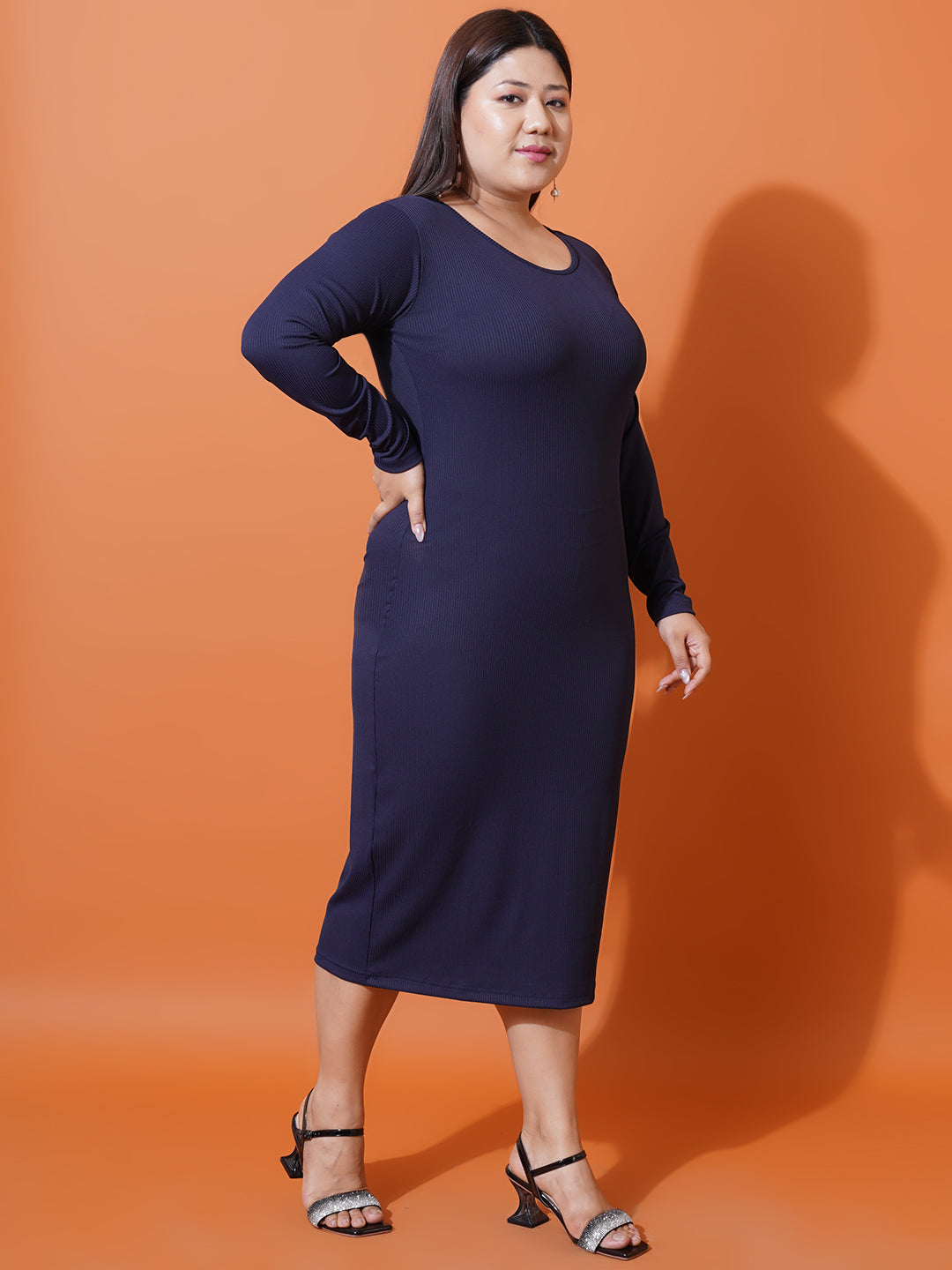 Women Plus Size Navy Blue Round Neck Scuba Bodycon Midi Dress