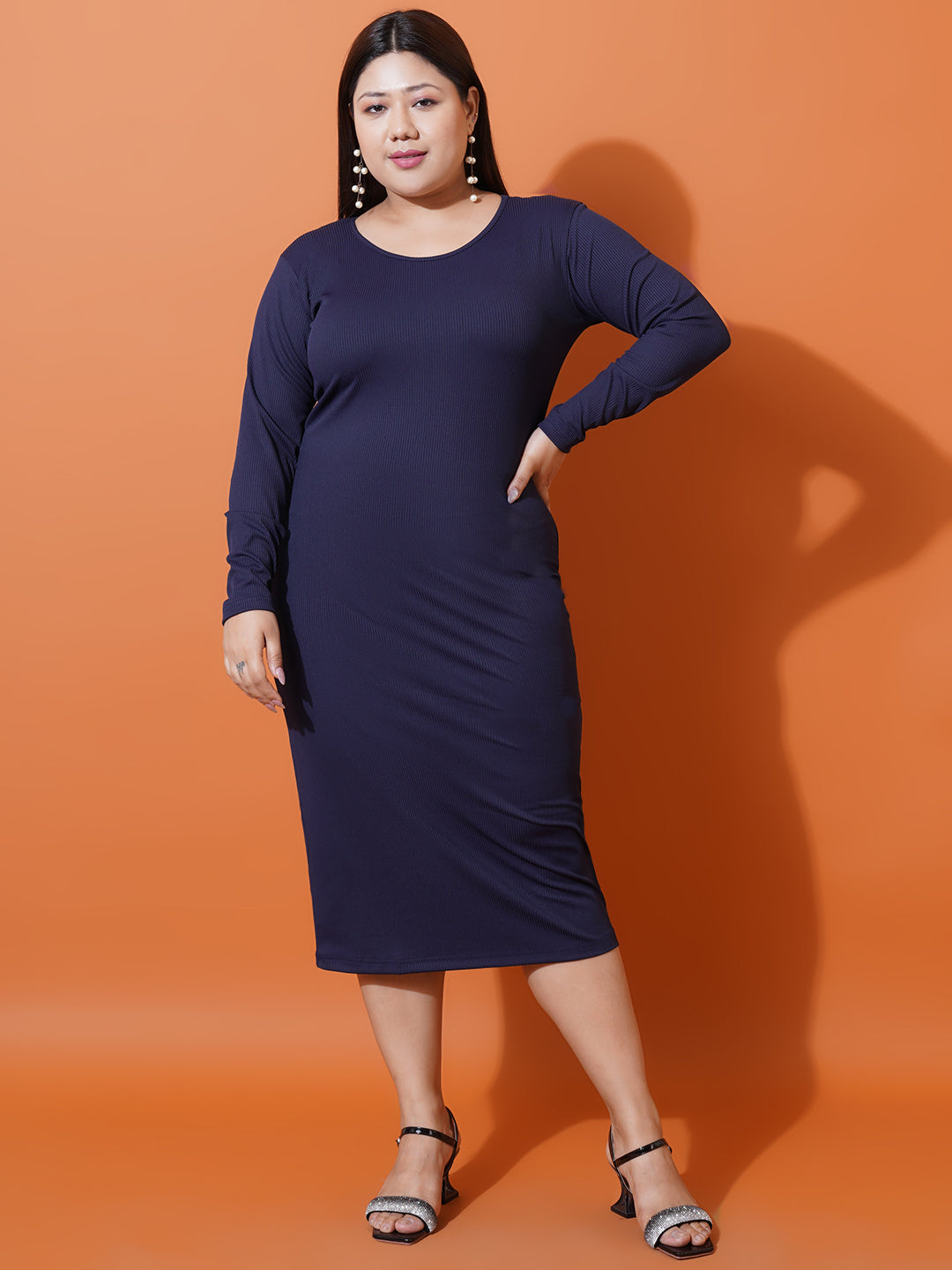 Women Plus Size Navy Blue Round Neck Scuba Bodycon Midi Dress