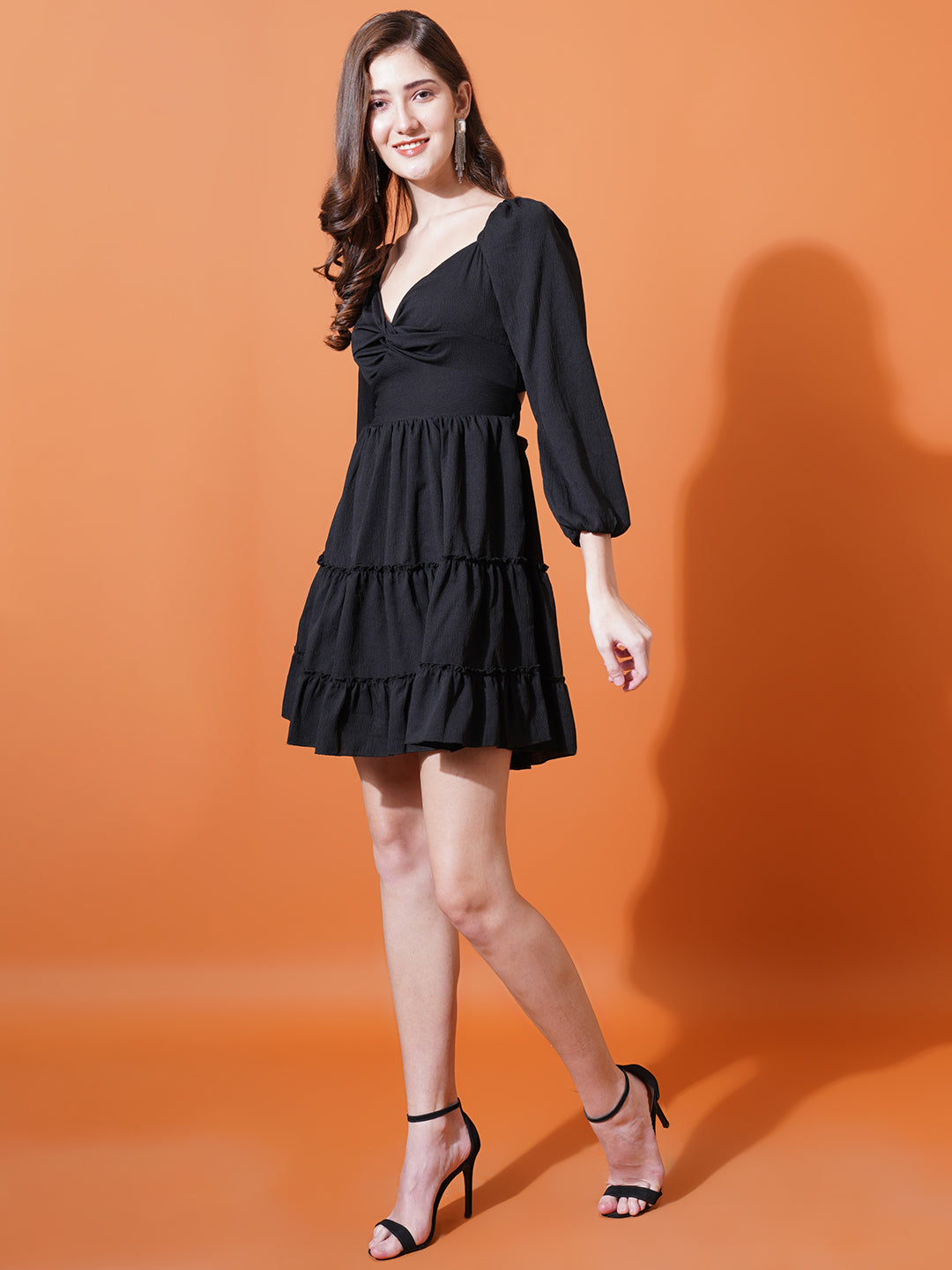 Women Black Sweetheart Neck Puff Sleeves Cut-Outs Crepe Mini Fit & Flare Dress