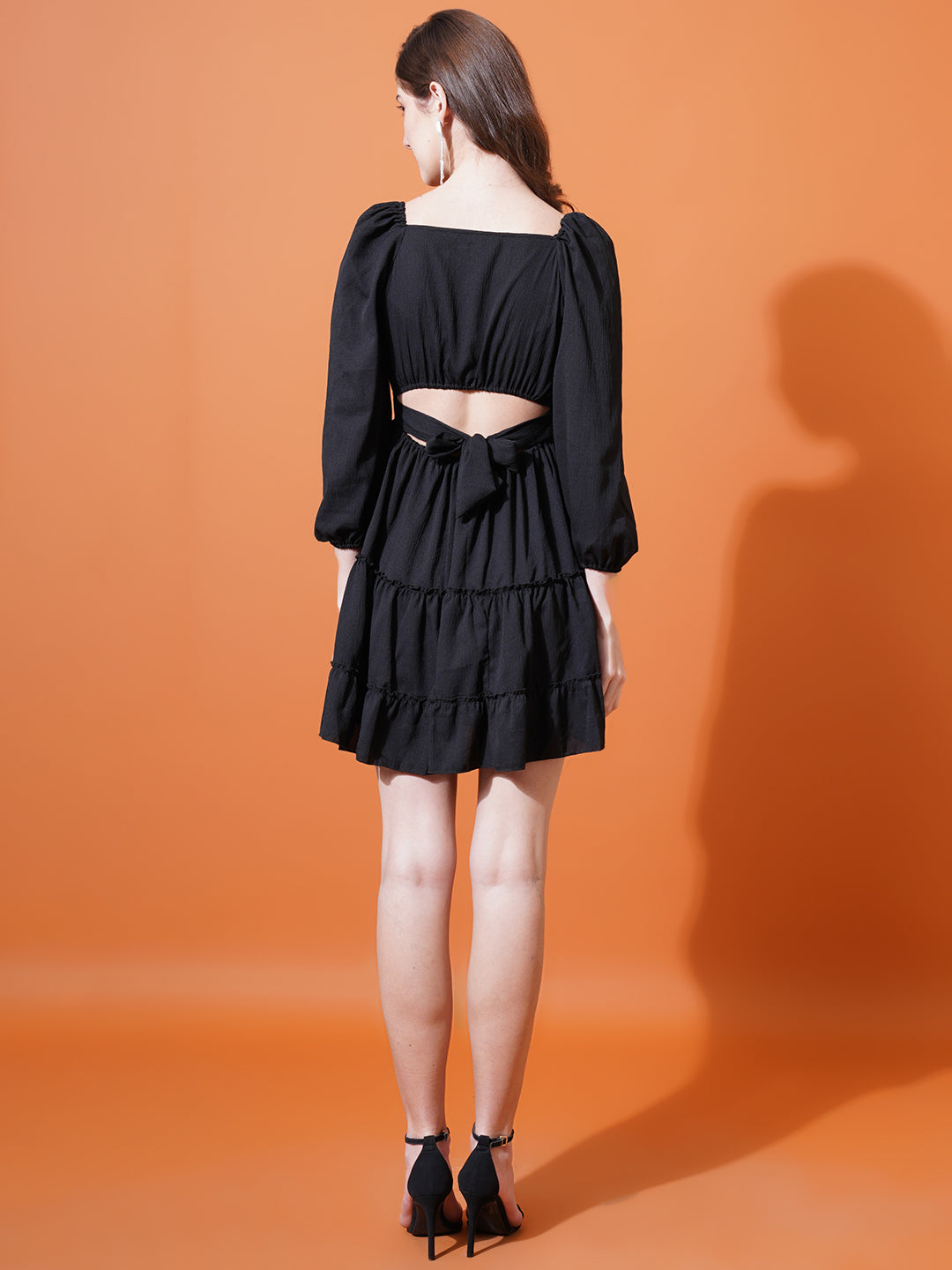 Women Black Sweetheart Neck Puff Sleeves Cut-Outs Crepe Mini Fit & Flare Dress