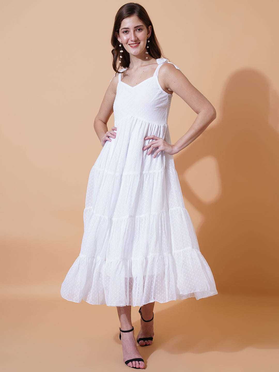 Women White Self Design Shoulder Straps Gathered Georgette Midi Fit & Flare Dress