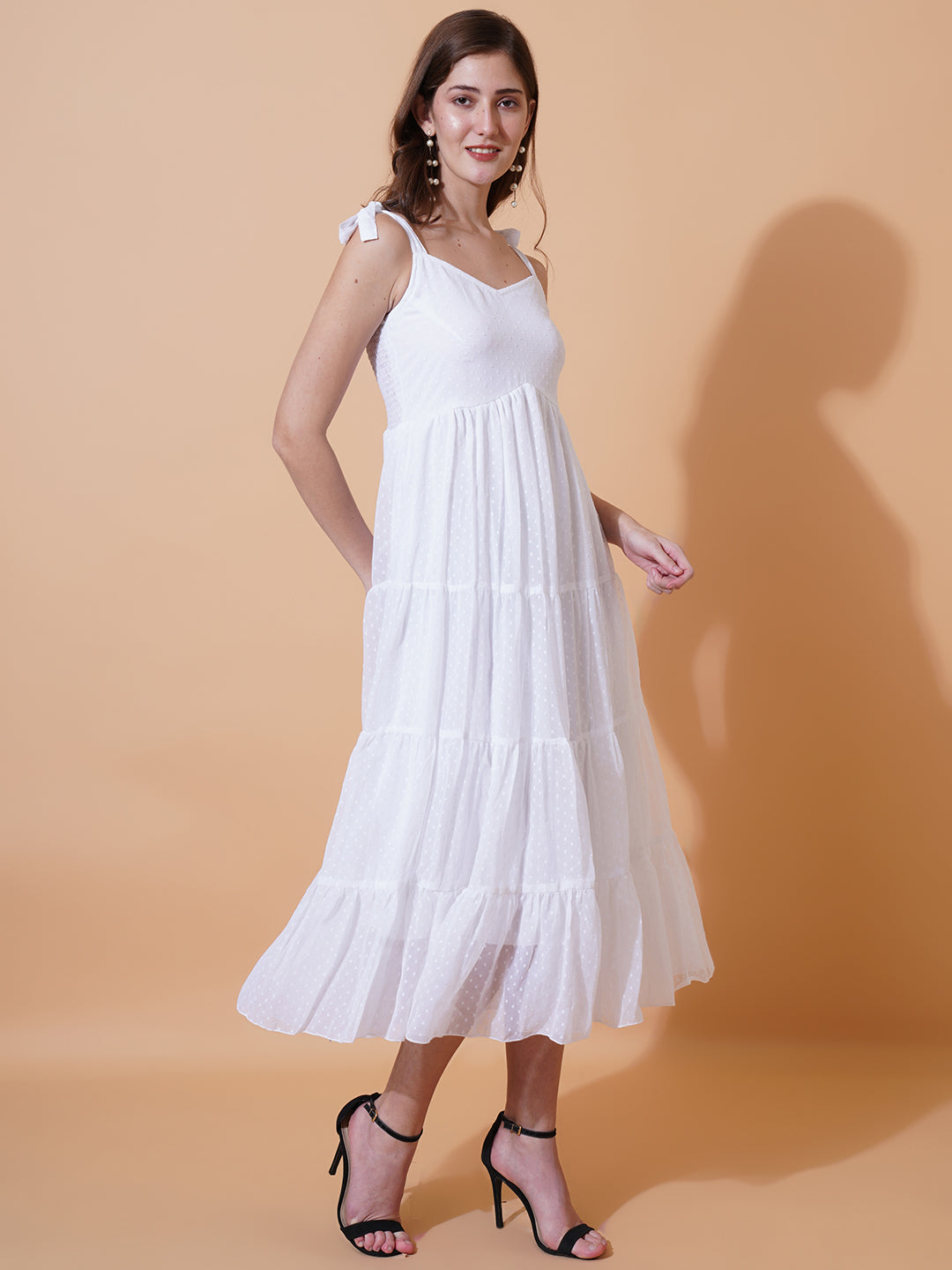 Women White Self Design Shoulder Straps Gathered Georgette Midi Fit & Flare Dress