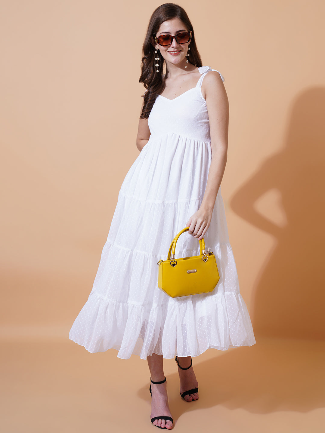 Women White Self Design Shoulder Straps Gathered Georgette Midi Fit & Flare Dress