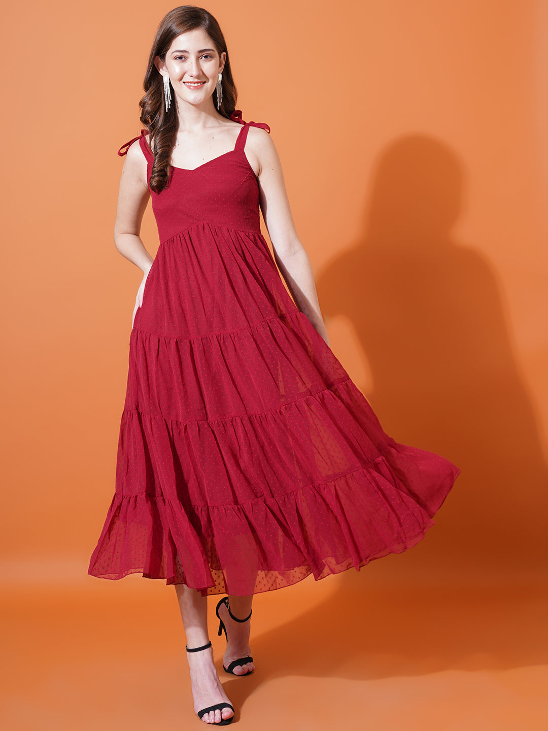 Women Red Self Design Shoulder Straps Smocked Georgette Midi Fit & Flare Dress