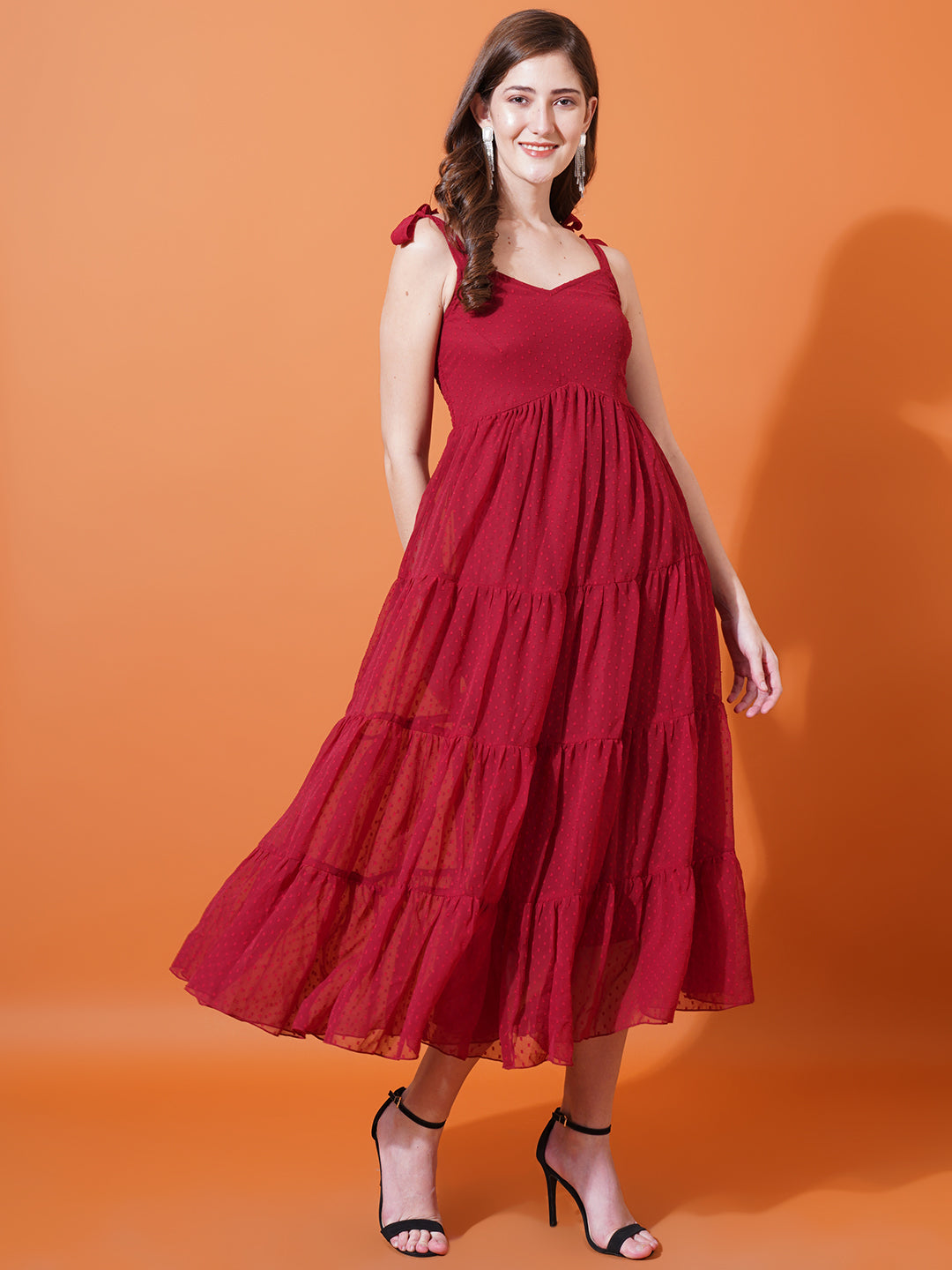 Women Red Self Design Shoulder Straps Smocked Georgette Midi Fit & Flare Dress