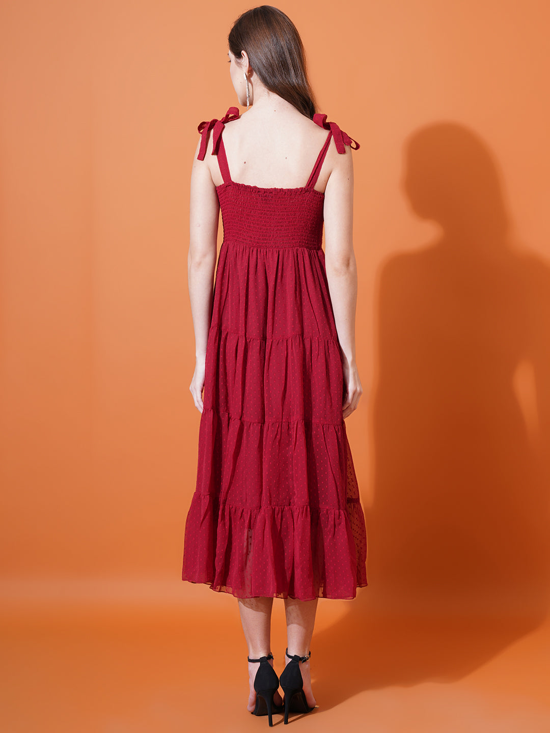 Women Red Self Design Shoulder Straps Smocked Georgette Midi Fit & Flare Dress