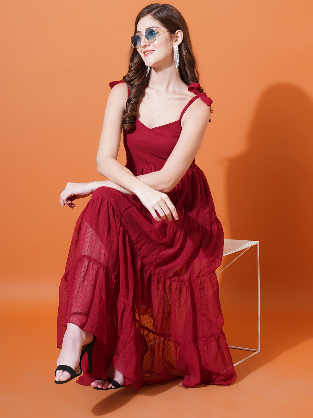 Women Red Self Design Shoulder Straps Smocked Georgette Midi Fit & Flare Dress