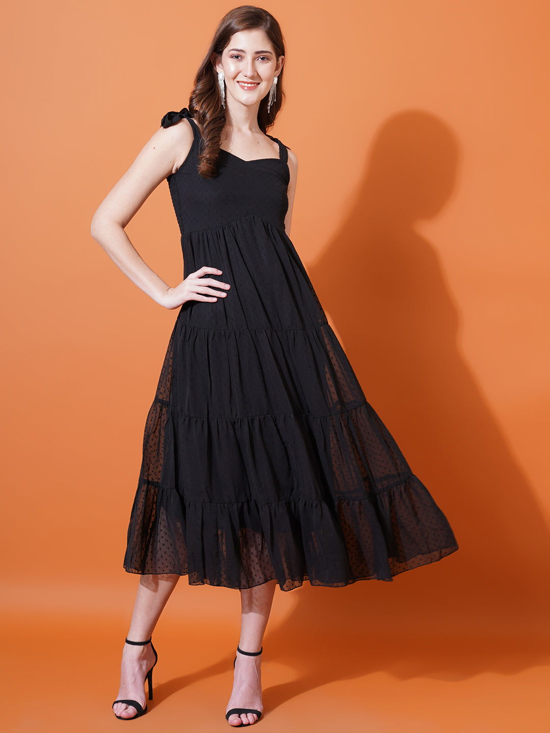 Women Black Self Design Shoulder Straps Smocked Georgette Midi Fit & Flare Dress