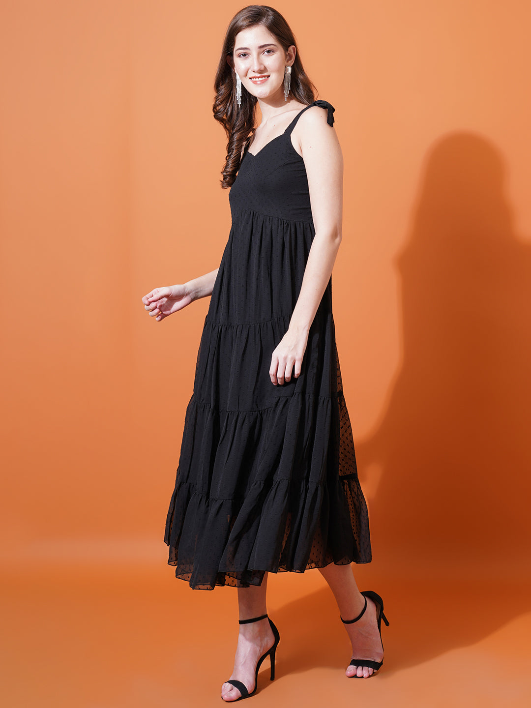 Women Black Self Design Shoulder Straps Smocked Georgette Midi Fit & Flare Dress