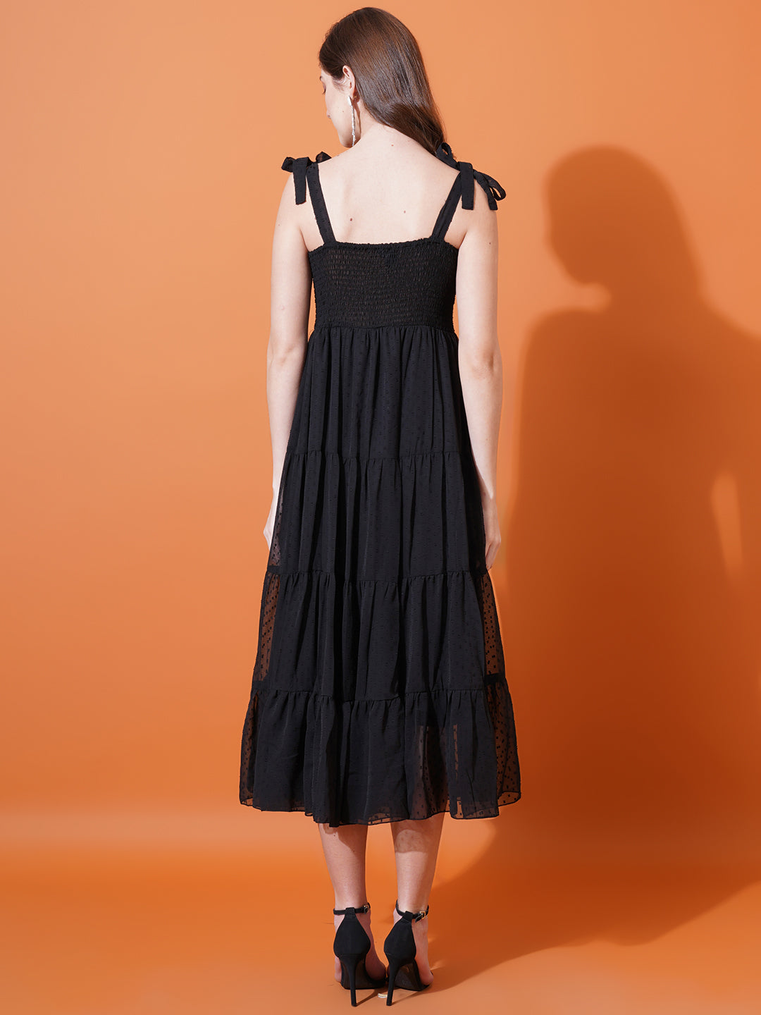 Women Black Self Design Shoulder Straps Smocked Georgette Midi Fit & Flare Dress