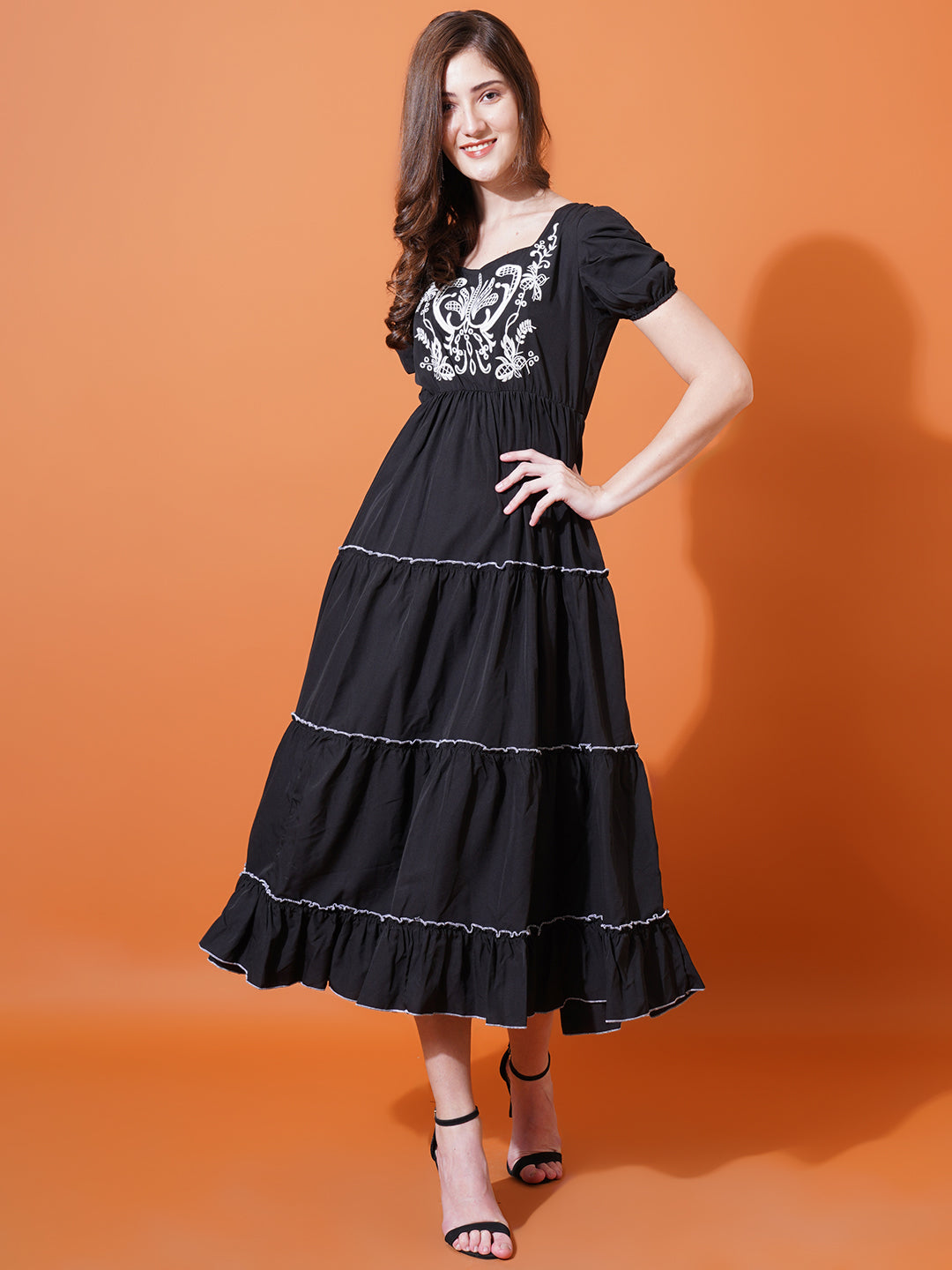 Women Black Sweetheart Neck Puff Sleeves Embroidered Tiered Crepe Midi Fit & Flare Dress